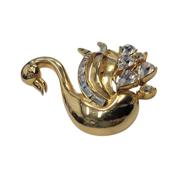 Vtg Swan Rhinestone Brooch Pin Gold Tone Crystal Details & Elegant Design - Picture 5 of 10